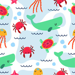 Obraz premium Ocean seamless pattern with various of fishes, whale, jellyfish, crab, and reef corals. Ocean underwater seamless pattern in vector. Perfect for summer greeting cards.Summer flat vector cartoon