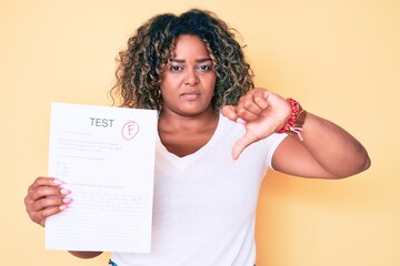 Young african american plus size woman showing a failed exam with angry face, negative sign showing dislike with thumbs down, rejection concept