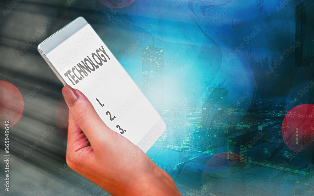 Poster handwriting text technology. conceptual photo use of scientific knowledge for practical purposes in 
