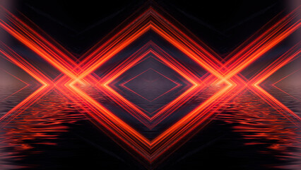 Dark neon background with rays and liquid, flowing lines. Night view, reflection in the water of neon light. Abstract dark bright red neon. 3d illustration