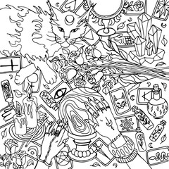 Vector illustration. Coloring Book for children and for adults. Colouring pictures with magic cat, magic hands, items for astrology, divination. Antistress freehand sketch drawing.