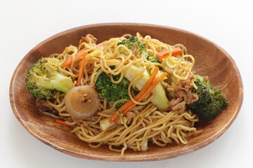 Chinese food, shrimp and broccoli in fried noodles