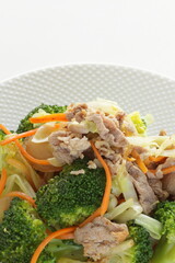 Chinese food,  pork and broccoli stir fried with carrot