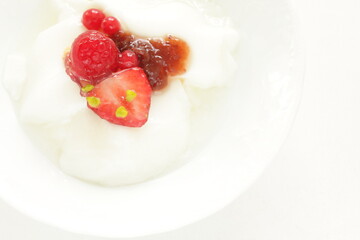 Strawberry Jam and nut on Yogurt for healthy breakfast