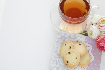 homemade chocolate chips cookie with copy space and tea