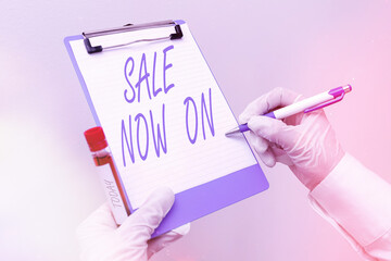 Word writing text Sale Now On. Business photo showcasing Discounts and promotional sales retail...