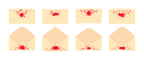 Vintage envelope flat set. Opened or closed paper mail cover. Cartoon valentine day or wedding envelopes for letters. Newsletter or delivery of invitation, congratulation. Isolated vector illustration