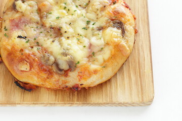 homemade cheese and mushroom bacon pizza