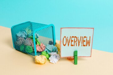 Word writing text Overview. Business photo showcasing description of facts findings and objectives...