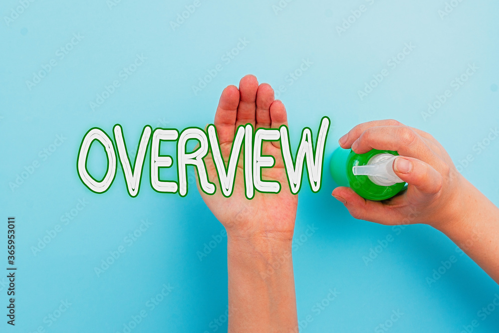 Aufkleber handwriting text overview. conceptual photo description of facts findings and objectives to give a g