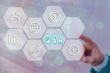 Text sign showing Q And A. Business photo text in which an individual asks questions and another...
