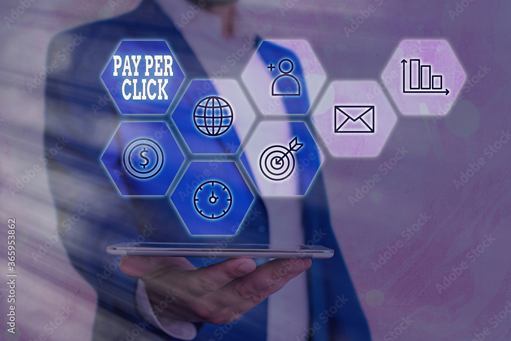 Poster word writing text pay per click. business photo showcasing internet marketing in which payment is ba