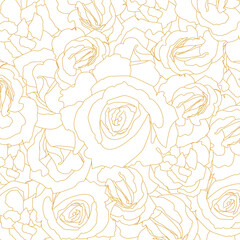 Pattern of blossoming rose buds. Golden outline, vector illustration
