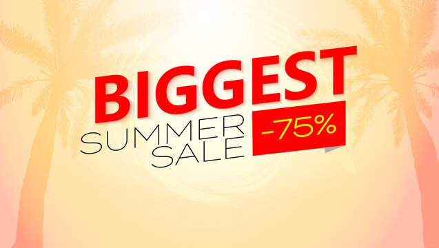 Biggest Summer sale. Vector poster. Tropical sunset and palms tree on background. Huge discounts. Template for your business.