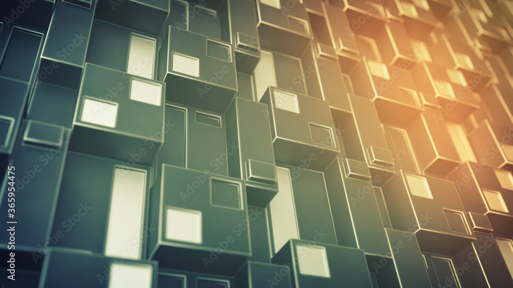 Poster sci-fi panel with cubic clusters 3d render