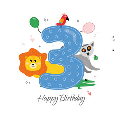 Vector illustration happy birthday card with number three, animals lion and lemur, parrot, crocodile, gifts, balloons, hearts. Greeting card with the inscription happy birthday, triple, lion