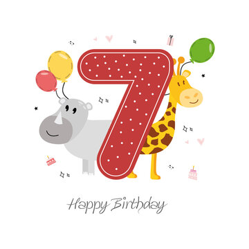 Vector illustration happy birthday card with number seven, rhino and giraffe animals, gifts, balloons, hearts, stars, holiday cake. Greeting card with the inscription happy birthday