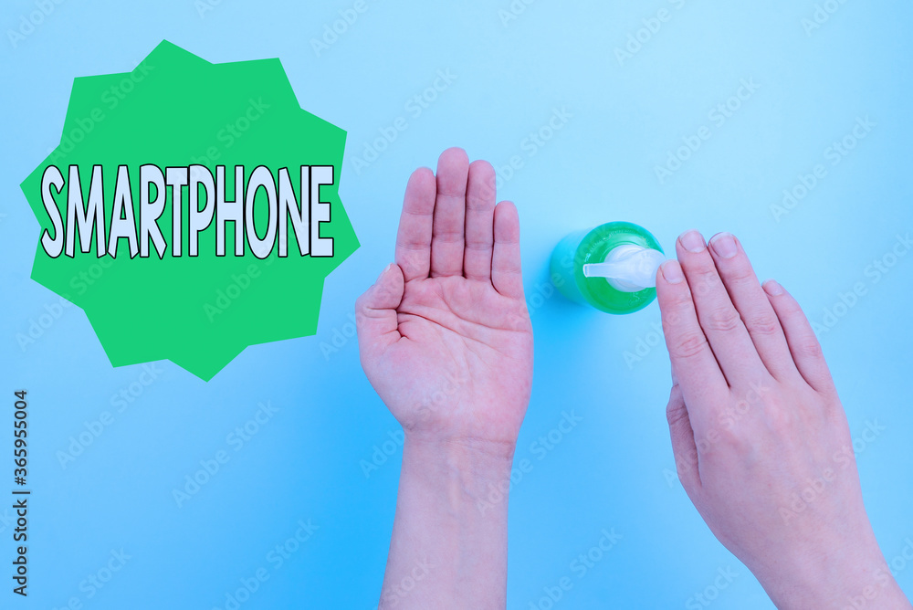 Aufkleber word writing text smartphone. business photo showcasing a mobile phone that performs many of the com