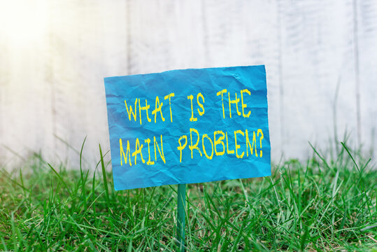 Text sign showing What Is The Main Problem Question. Business photo showcasing Identify the cause of troubles Repair work Plain empty paper attached to a stick and placed in the green grassy land