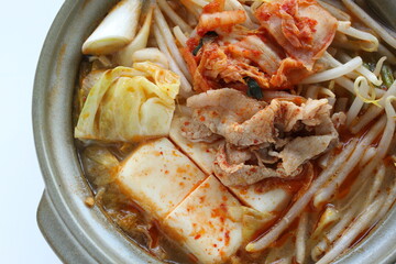 Korean food, pork and kimchi soy sprout in hot port for winter cuisine