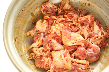 Korean cooking, chili and pork stir fried prepared for hot pot cooking