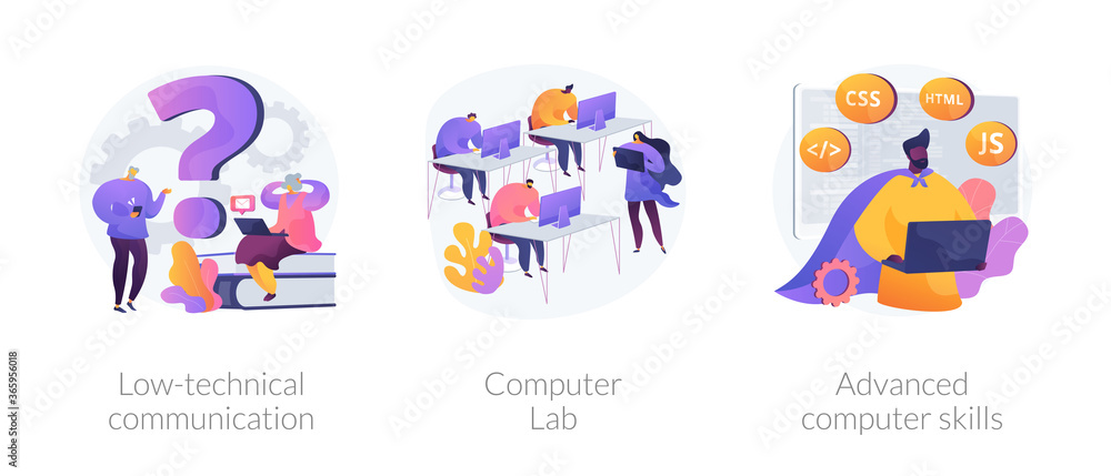 Poster computer skills requirement abstract concept vector illustration set. low-technical communication, c
