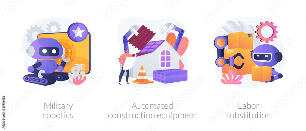 Poster artificial intelligence in industry abstract concept vector illustration set. military robotics, aut