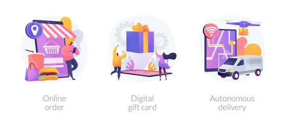 No-contact order and delivery abstract concept vector illustration set. Online order, digital gift card, autonomous delivery, buying goods on internet, certificate online, drone use abstract metaphor.
