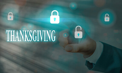 Handwriting text writing Thanksgiving. Conceptual photo grateful recognition of benefits favors particularly of God Graphics padlock for web data information security application system