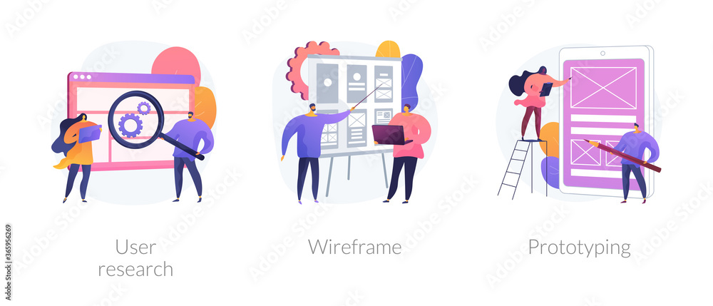Poster ux design abstract concept vector illustration set. user research, wireframe, prototyping, design pr