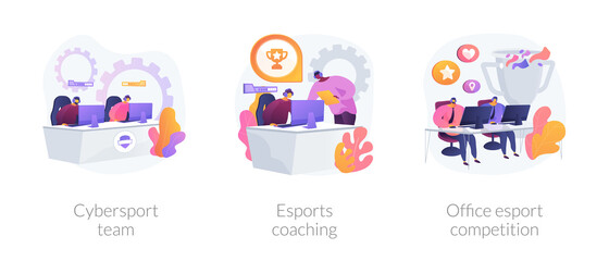 E-games tournament abstract concept vector illustration set. Cybersport team performance, esports coaching, office esport competition, computer club, battle arena, live streaming abstract metaphor.
