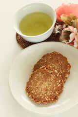 Japanese confectionery, almond nut cracker on dish