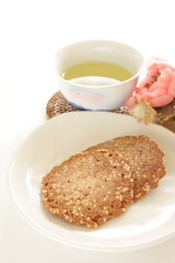 Japanese confectionery, almond nut cracker on dish