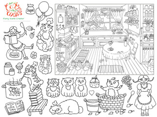 Collection with black and white hand drawn illustration of vintage kitchen sketch, pretty girl and funny bobtail cats helping cook jam, funny scene creator,  line art drawing for coloring book