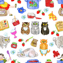 Seamless pattern with lovely cats, jars of jam, cooking kitchenware objects. Cute hand drawn illustration, watercolor drawings with funny animals on white background.