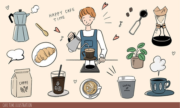手描きカフェタイムイラストセット・コーヒー飲食店・男性