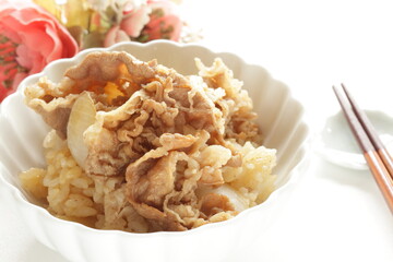 Japanese food, simmered beef and onion on rice
