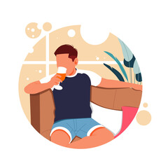 a portrait of a man sitting relaxed enjoying juice, flat design concept illustration