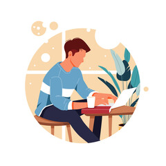 portrait of man working from home, flat design concept illustration