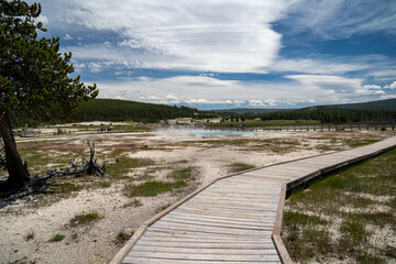 Fototapeta na wymiar Boardwalk area for safe hiking in the Biscuit Basin thermal area of Yellowstone National Park