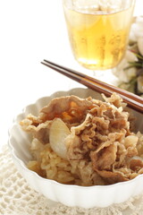 Japanese food, simmered beef and onion on rice