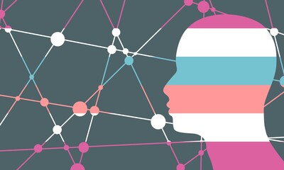 Head textured by transgender transsexual pride flag. Unconventional sexual orientation concept. Connected lines with dots