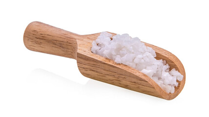 salt in wood spoon on white background