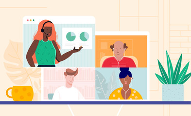 Virtual work concept. A team talking on video conference when working remotely during coronavirus. Colorful flat vector illustration.
