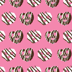 chocolate covered pretzel and sprinkles seamless pattern on pink background design