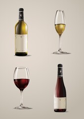 set of wine bottles and glasses