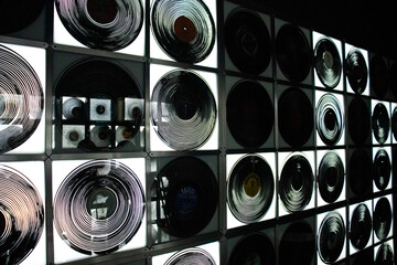 Records displayed on a wall