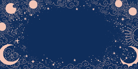 Magic blue background with moon and sun, crescent moon, place for text. Astrological banner with stars, cosmic pattern. Doodle vector illustration