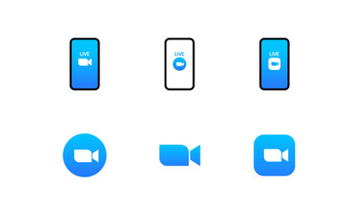 Blue camera icon set. Conference video calls. Live media streaming application. Zoom logo. Vector on isolated white background. EPS 10.