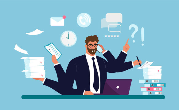 A businessman works with a lot of hands, a lot of documents on the desk, a paper note, a computer, a clock. Concept of work dependent, overworked, professional burnout. Flat cartoon vector
